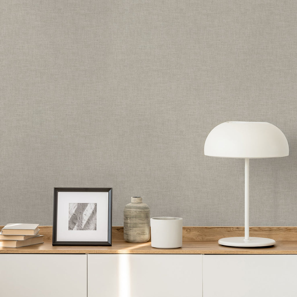 Antibes Linen Weave Texture Wallpaper - Taupe room view