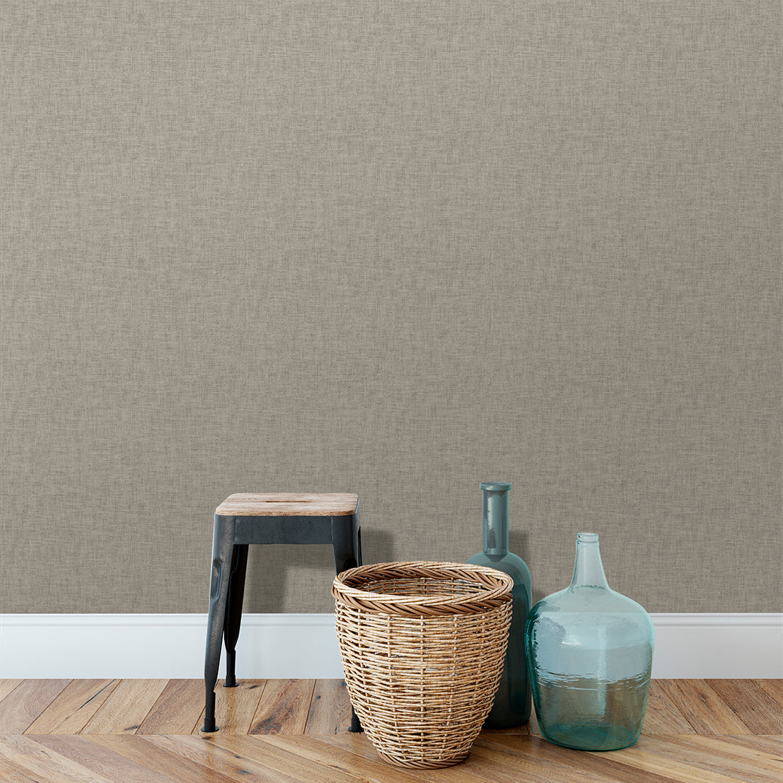 Antibes Linen Weave Texture Wallpaper - Tan room view