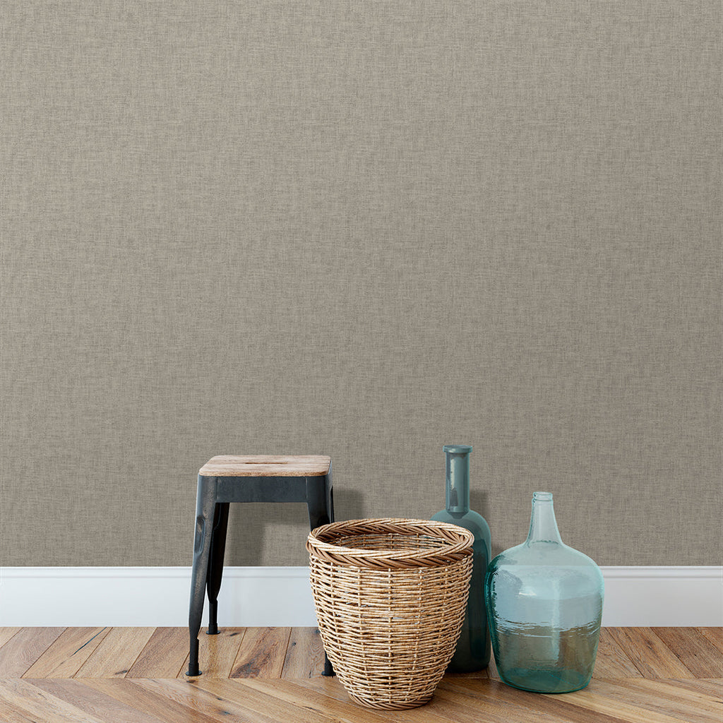 Antibes Linen Weave Texture Wallpaper - Tan room view