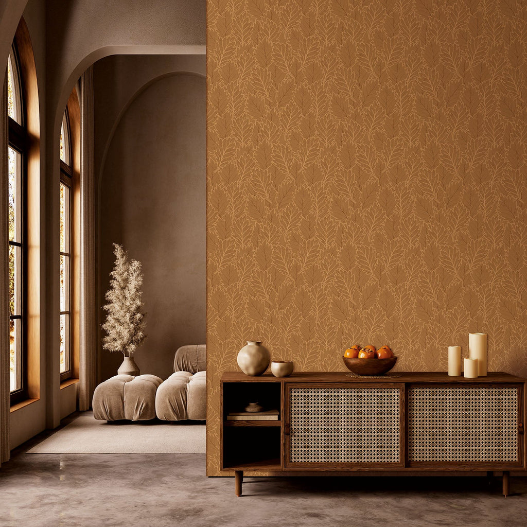 Quercus Leaves Wallpaper - Brown room view