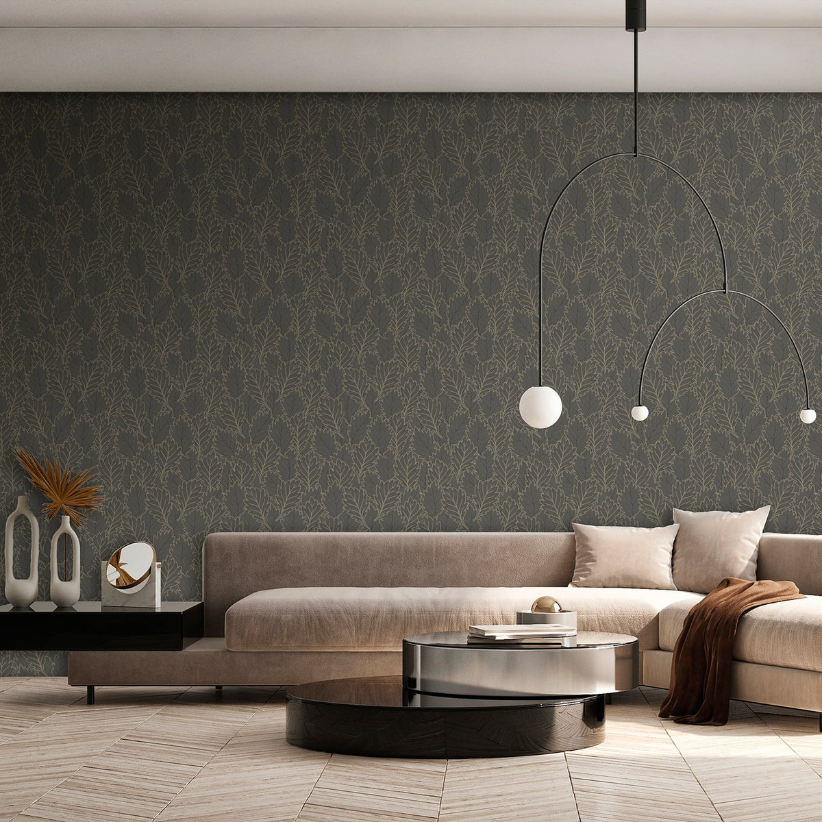 Quercus Leaves Wallpaper - Gray room view