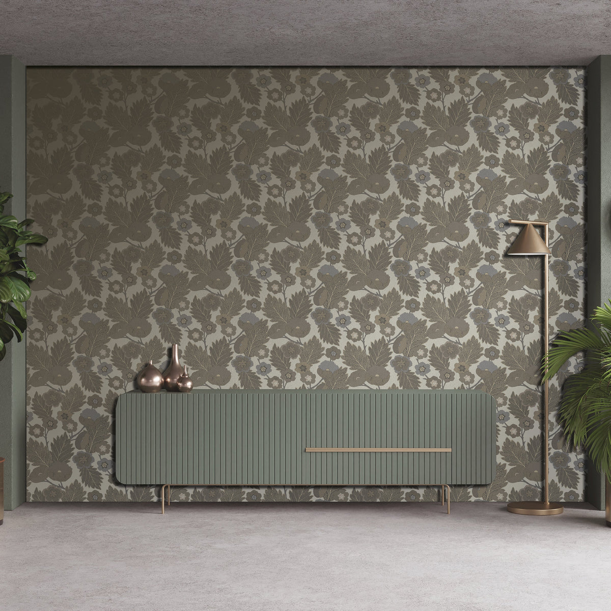 Antibes Flora Wallpaper - Gray room view