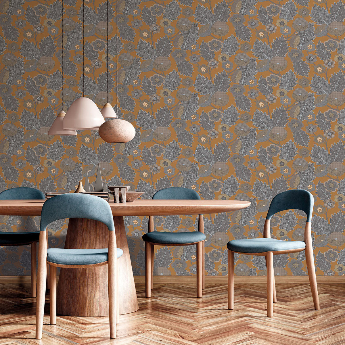 Antibes Flora Wallpaper - Brown room view