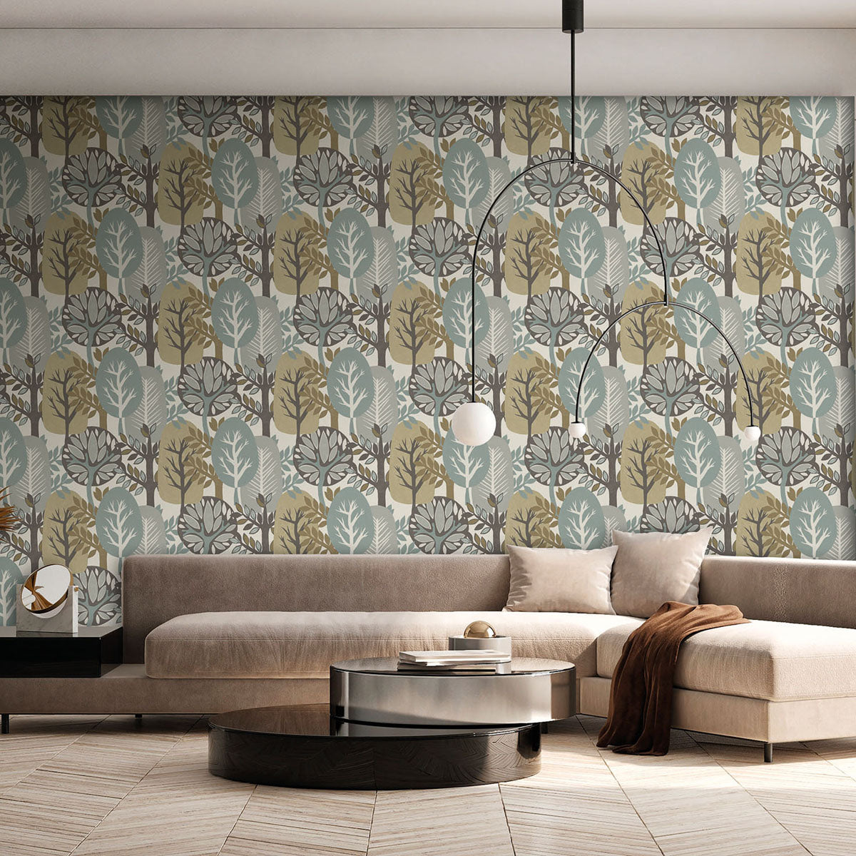 Antibes Nature Forest Wallpaper - Taupe room view