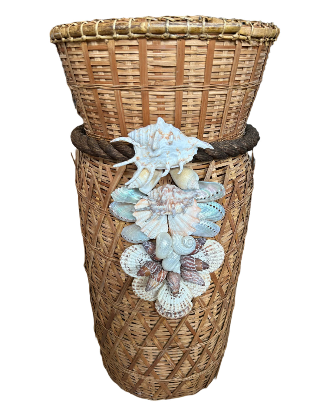 large basket with sea shells