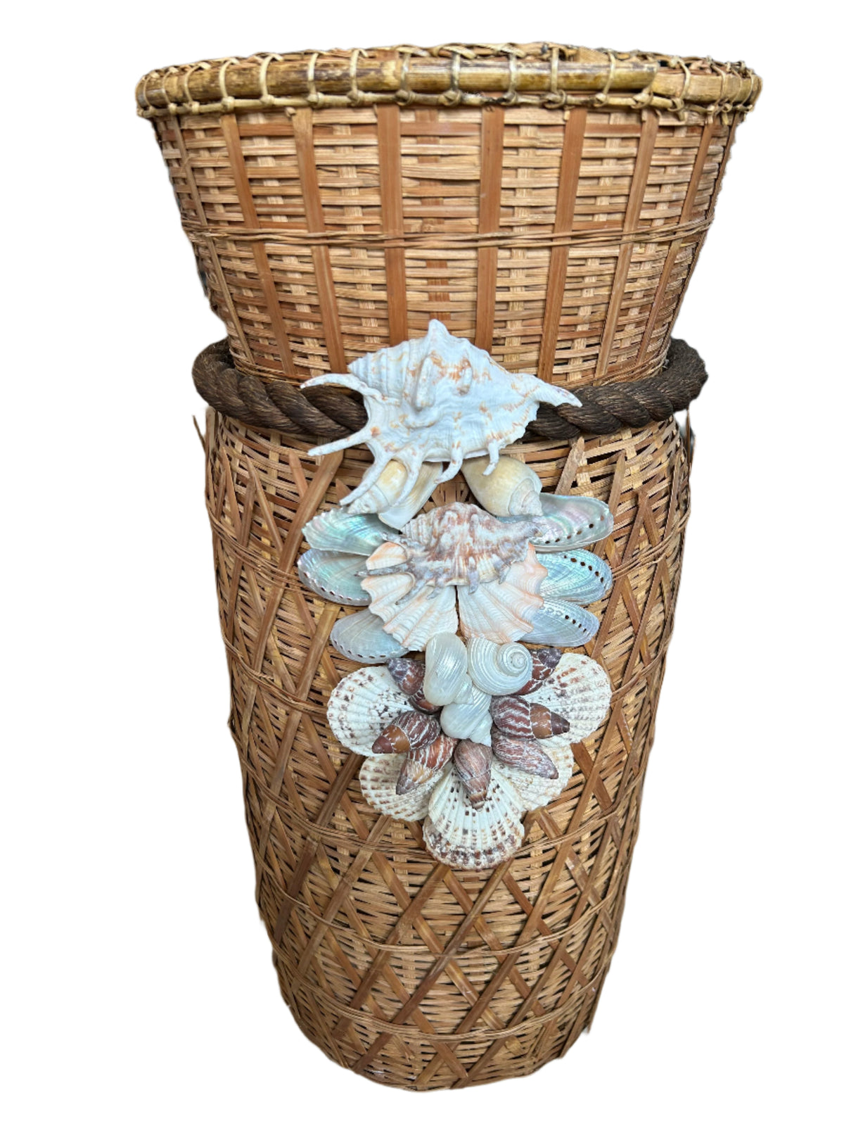 large basket with sea shells