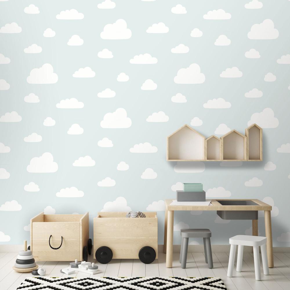 Clouds Wallpaper - Aqua Pastel room view
