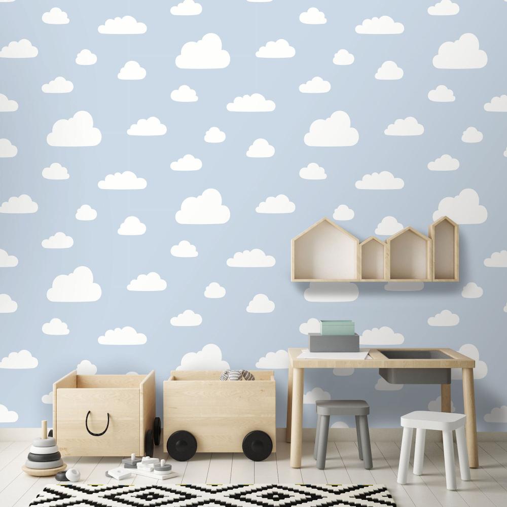 Clouds Wallpaper - Greyish Blue room view