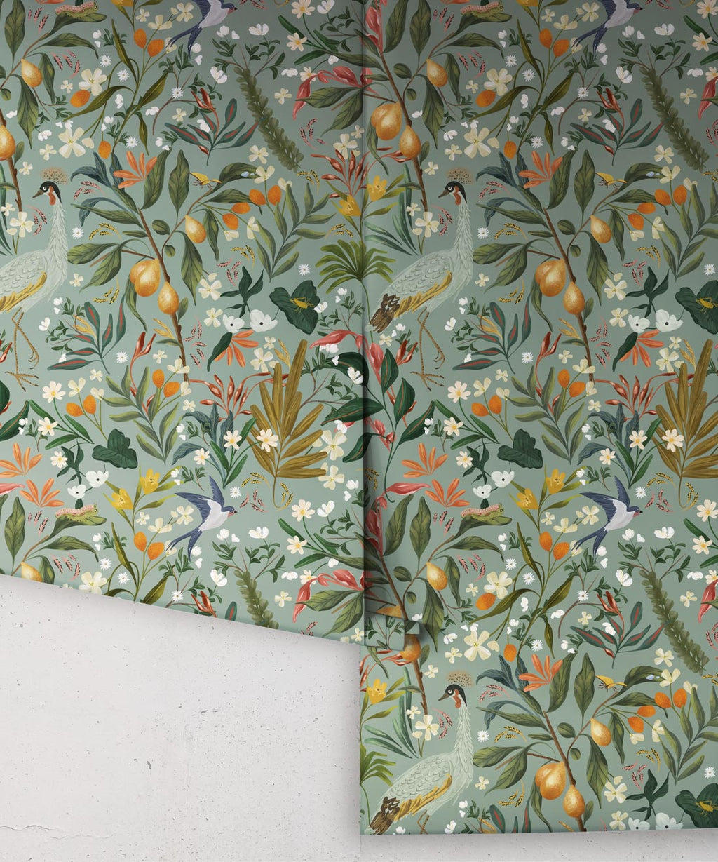Balearic Cranes Wallpaper • Grey Blue • Rolls