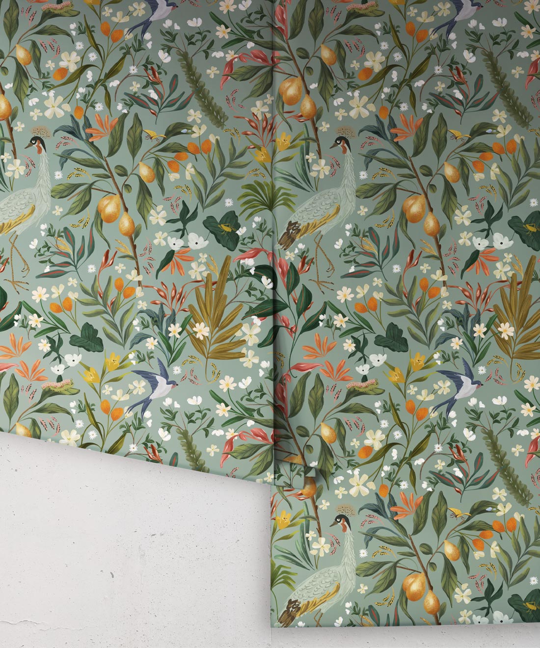 Balearic Cranes Wallpaper • Grey Blue • Rolls