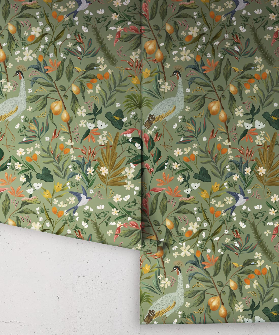 Balearic Cranes Wallpaper • Sage • Rolls
