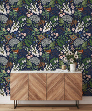 Load image into Gallery viewer, Flowering Trees Wallpaper • Navy • Insitu