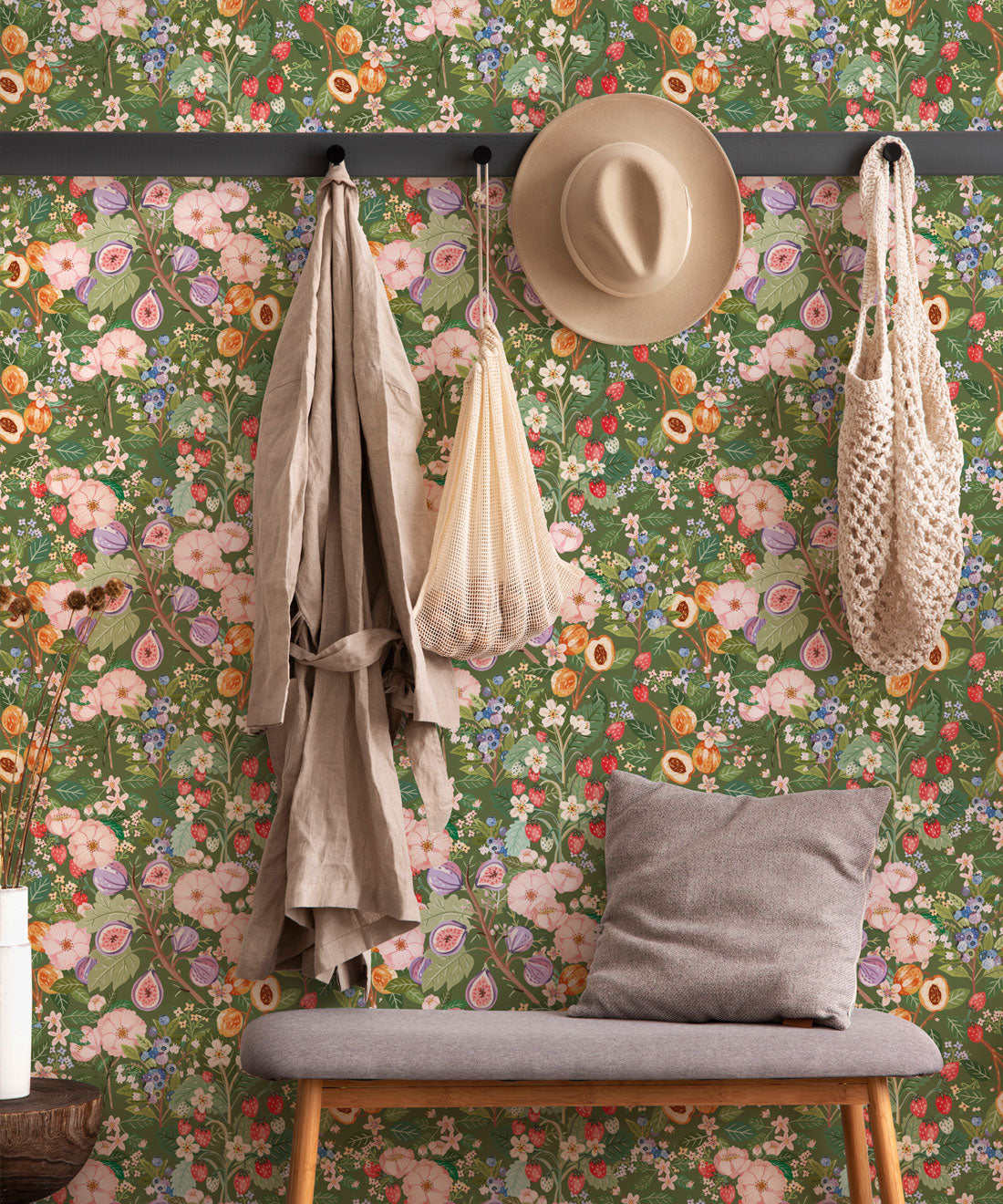Summer Fruit Wallpaper • Olive Green • Insitu