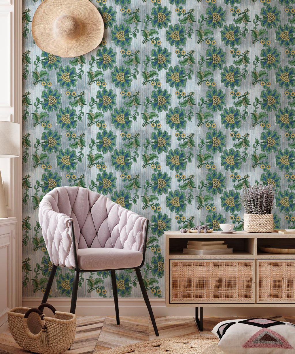 French Floral Wallpaper • Indigo Green Stripe • Insitu