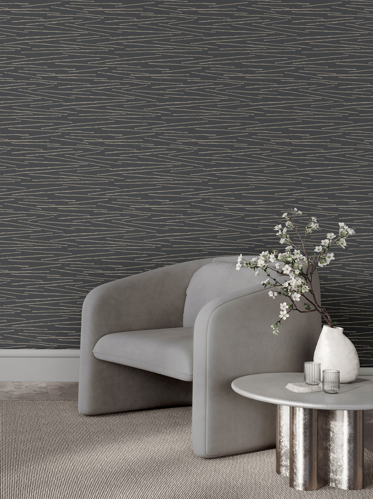 Foundations Wide Width Wallpaper - Charcoal room setting