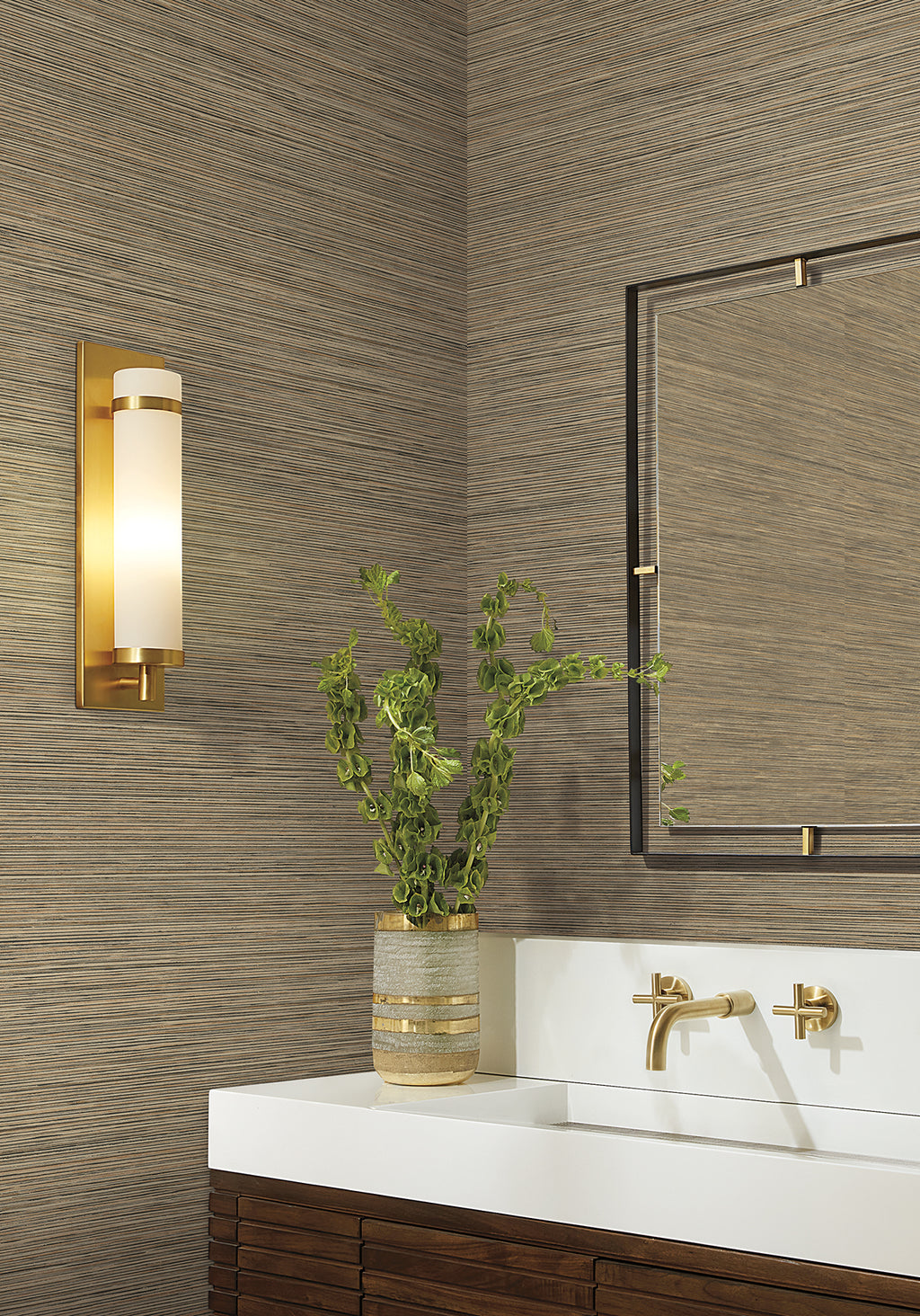Stacked Bamboo Wide Width Wallpaper - Chestnut room setting