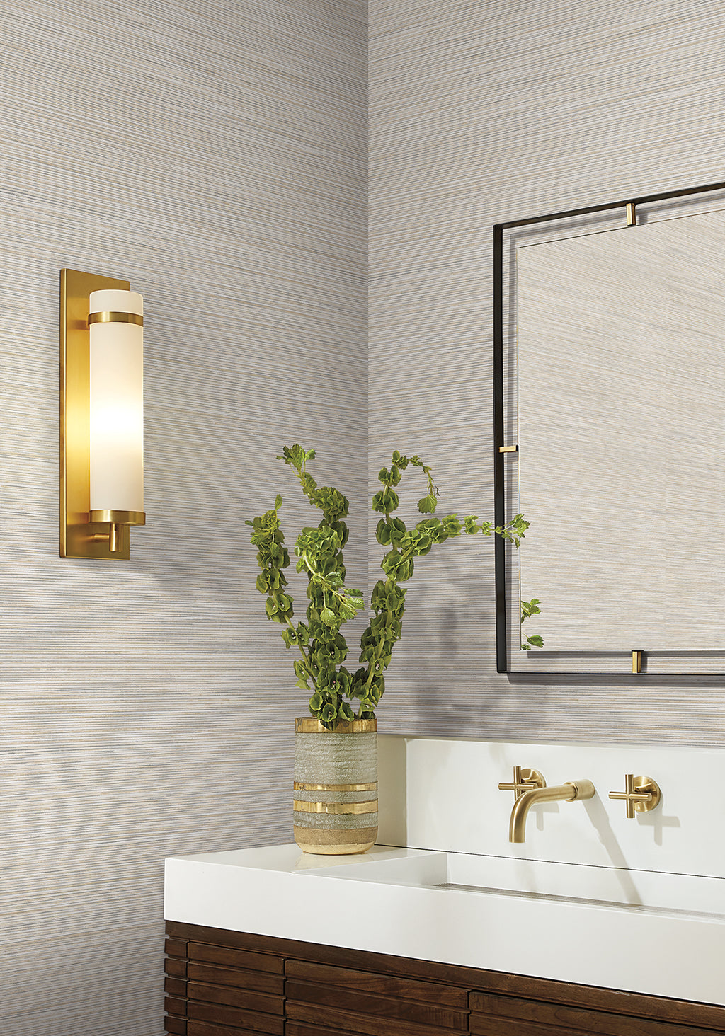 Stacked Bamboo Wide Width Wallpaper - Silver room setting