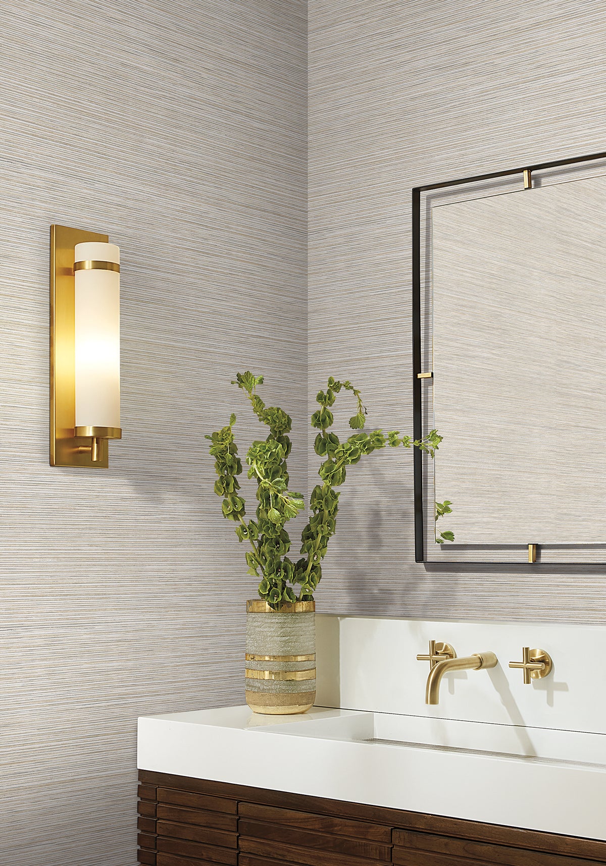 Stacked Bamboo Wide Width Wallpaper - Silver room setting