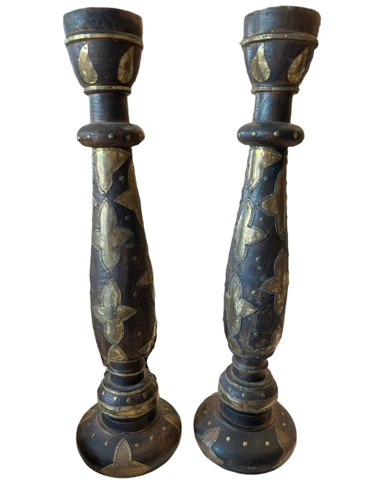 wood and brass candle holders