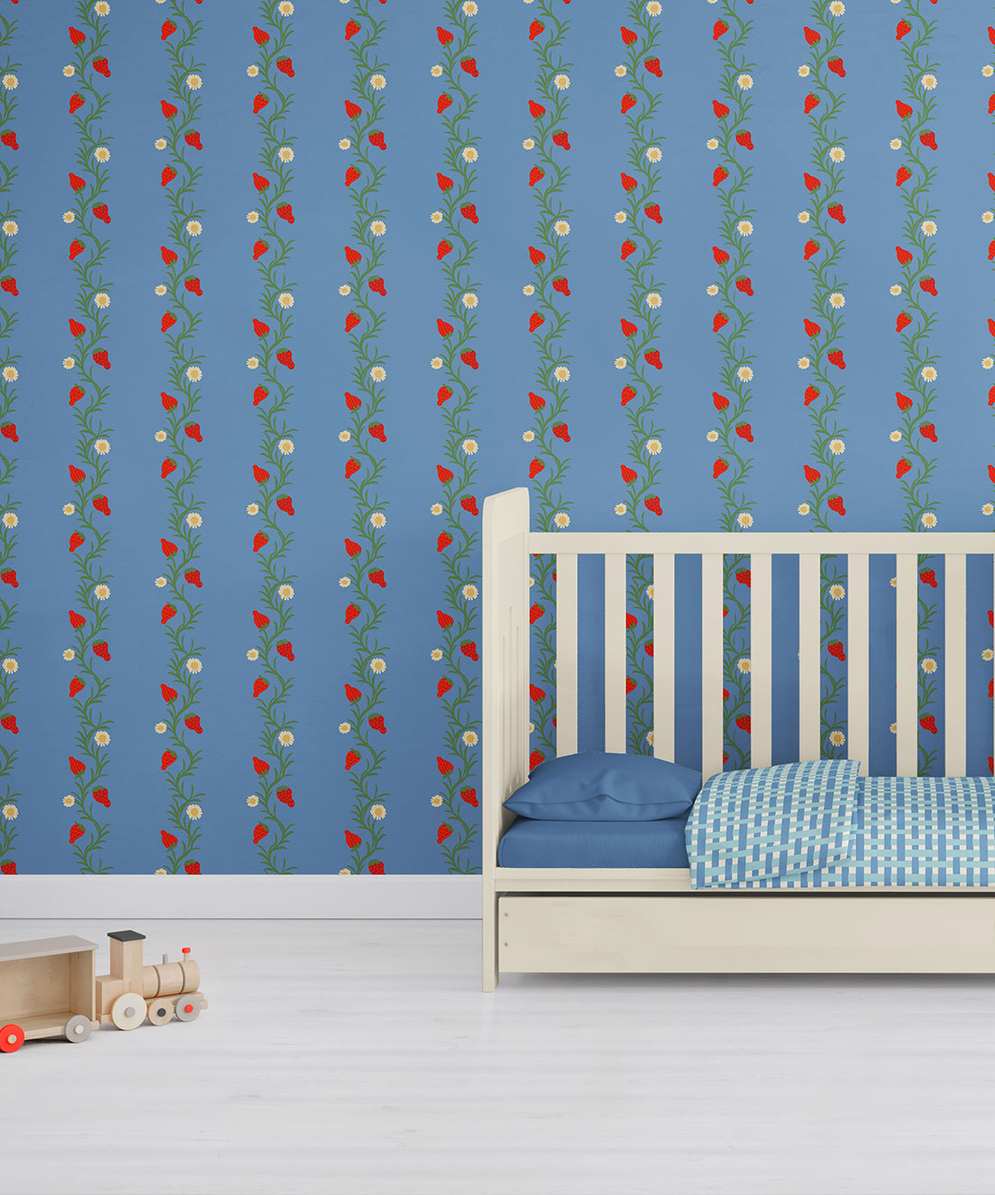 Strawberry Fields Wallpaper | Colourway: Blue & Red | Anything But Basic Collection | Gray Benko x Milton&King | Insitu