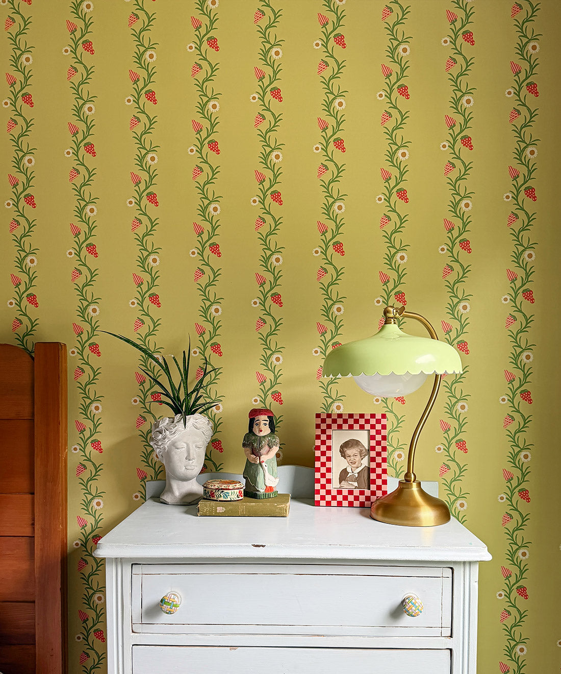 Strawberry Fields Wallpaper | Colourway: Chartreuse & Red | Anything But Basic Collection | Gray Benko x Milton&King | Insitu