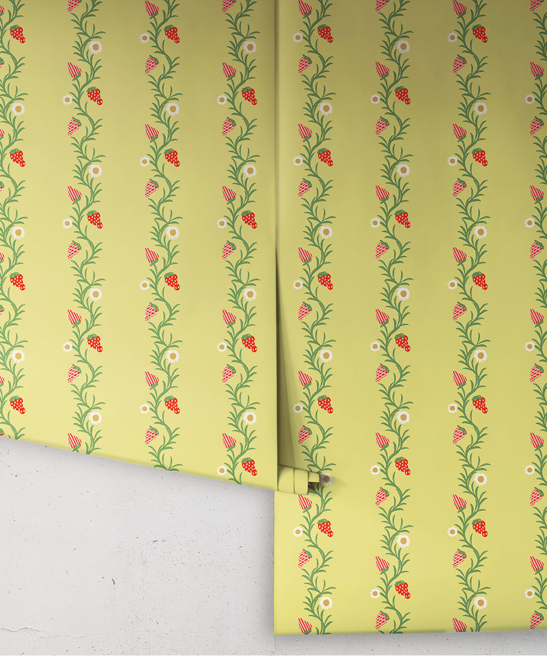 Strawberry Fields Wallpaper | Colourway: Chartreuse & Red | Anything But Basic Collection | Gray Benko x Milton&King | Roll