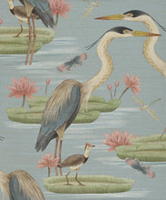 Load image into Gallery viewer, Heron, Jacana &amp; Giant Lilypad Grasscloth Wallpaper - Colorway: Muted Blue - Swatch