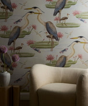 Load image into Gallery viewer, Heron Jacana Giant Lilypad Grasscloth Wallpaper - Colorway: Snowflake - Insitu