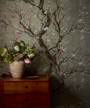 Load image into Gallery viewer, Plum Blossom Grasscloth Wallpaper - Colorway: Silver - Rich Traditions Collection - Insitu