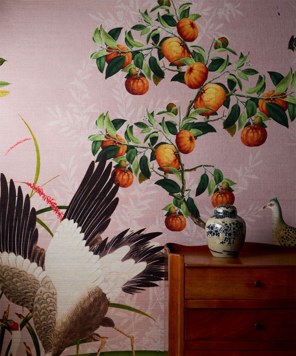 Oriental Garden Grasscloth Wallpaper - Colorway: Coral - Insitu