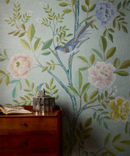 Load image into Gallery viewer, Chinoiserie Grasscloth Wallpaper - Colorway: Aqua - Insitu