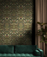 Load image into Gallery viewer, Prancing Peacocks Wallpaper • Antique • Insitu