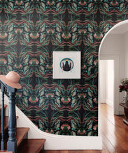 Load image into Gallery viewer, Prancing Peacocks Wallpaper • Fiesta • Insitu with stairs and hat on banister