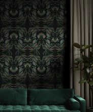 Load image into Gallery viewer, Prancing Peacocks Wallpaper • Midnight • Insitu