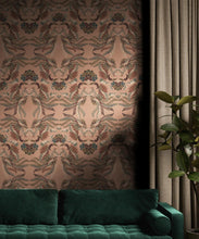 Load image into Gallery viewer, Prancing Peacocks Wallpaper • Salmon • Insitu