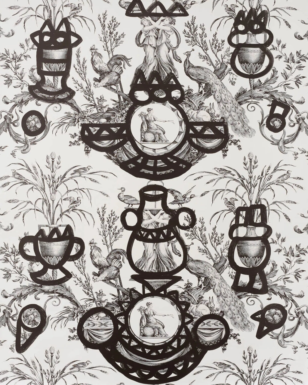 Fontaine et animaux barbouillage wallpaper in Noir/blanc