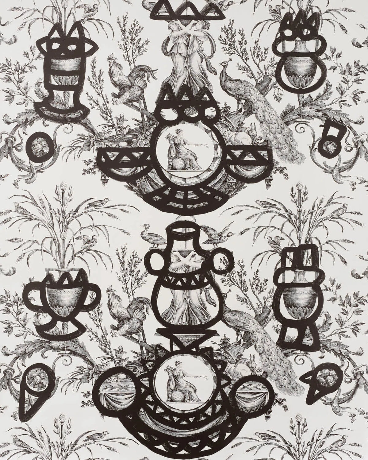 Fontaine et animaux barbouillage wallpaper in Noir/blanc
