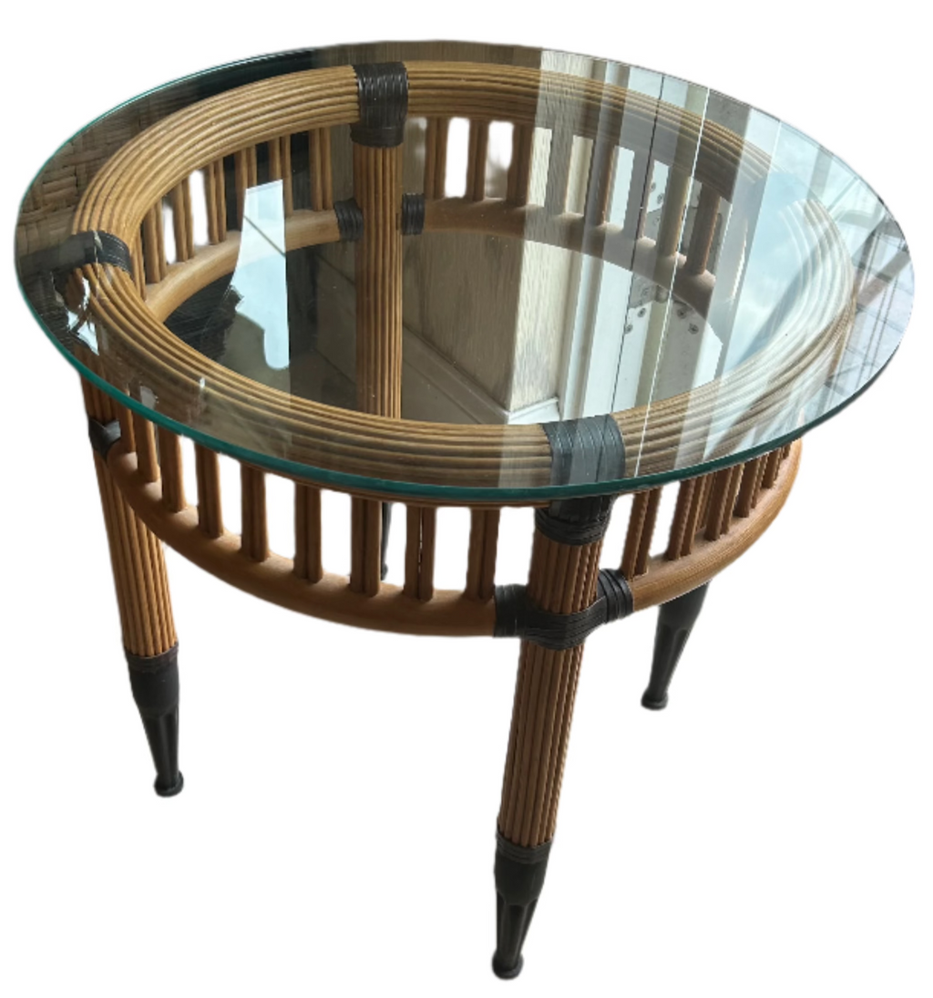 round rattan end table with glass - vintage
