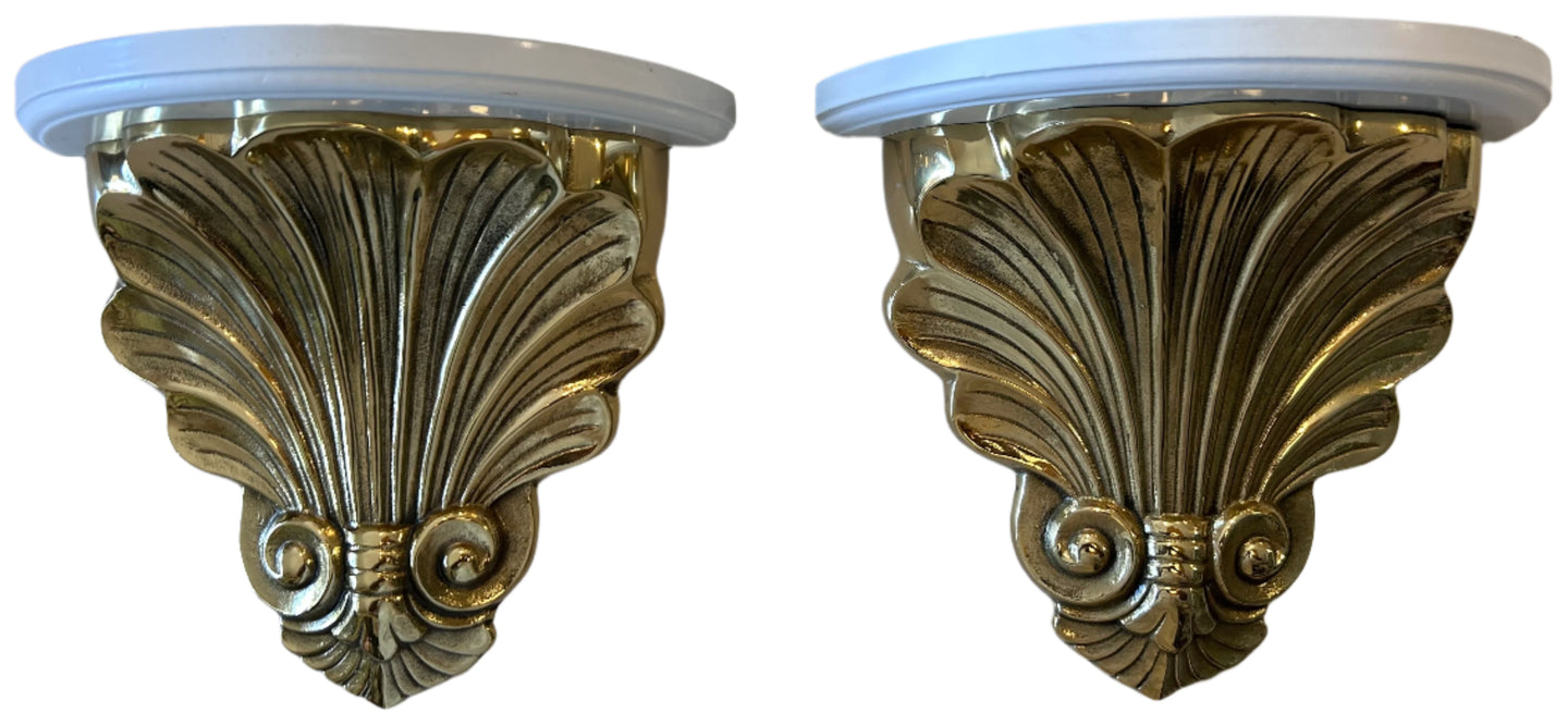 pair brass and wood art decor style wall shelf