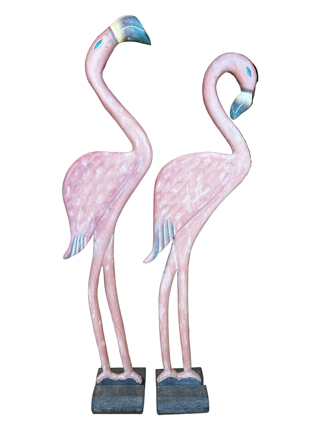 pair vintage wood flamingos