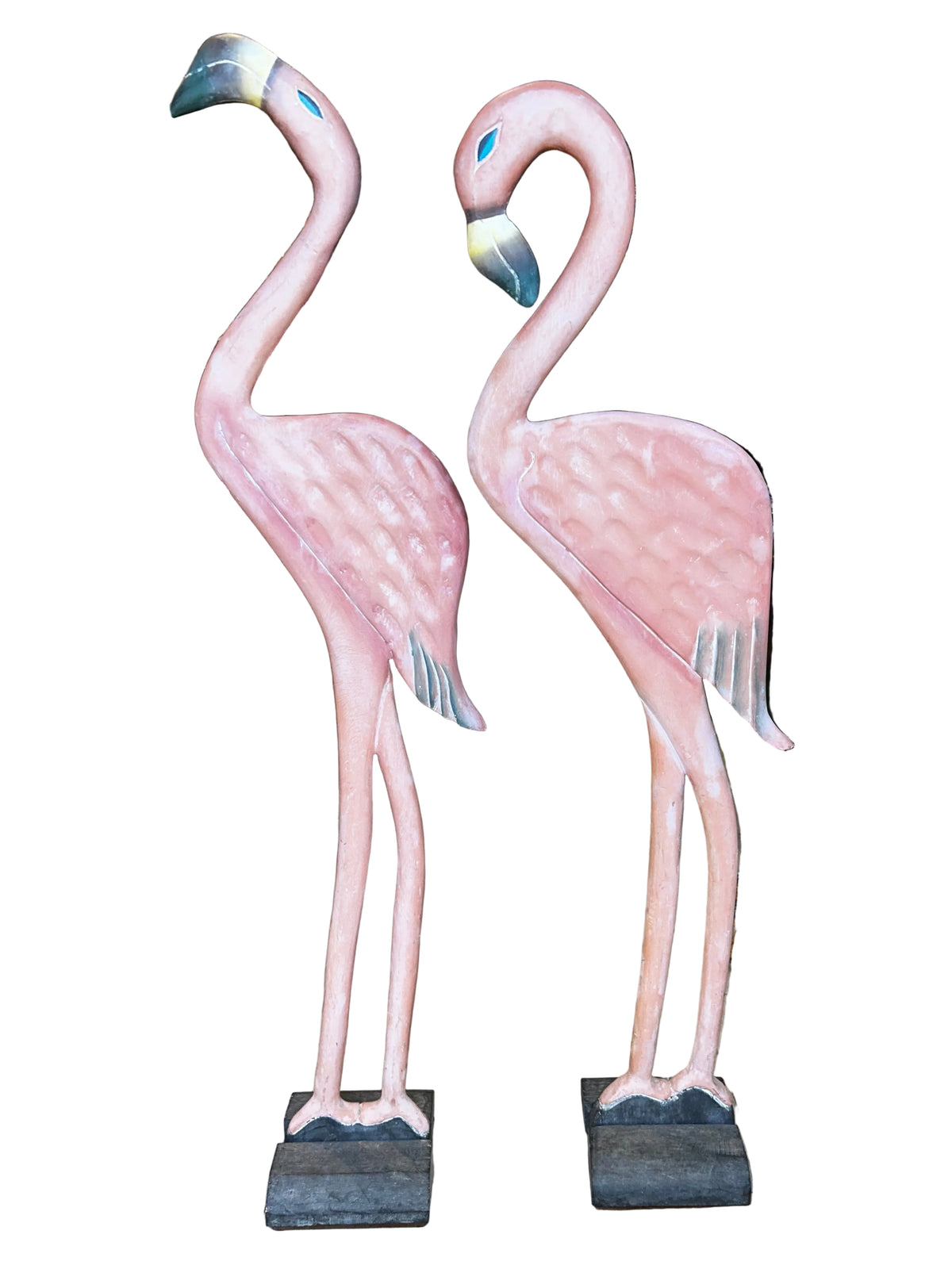 pair vintage wood flamingos