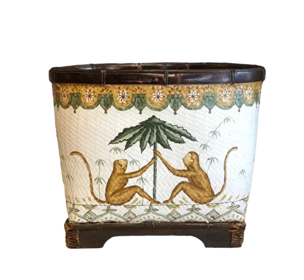 Handpainted monkeys rattan basket