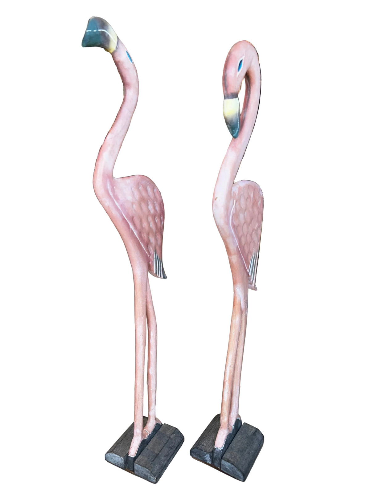 pair vintage wood flamingos