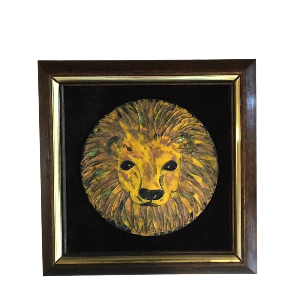 framed enamel lion head