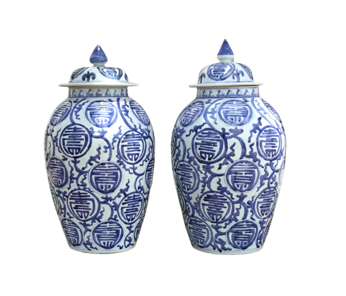 set of two  lidded blue and white ginger jars