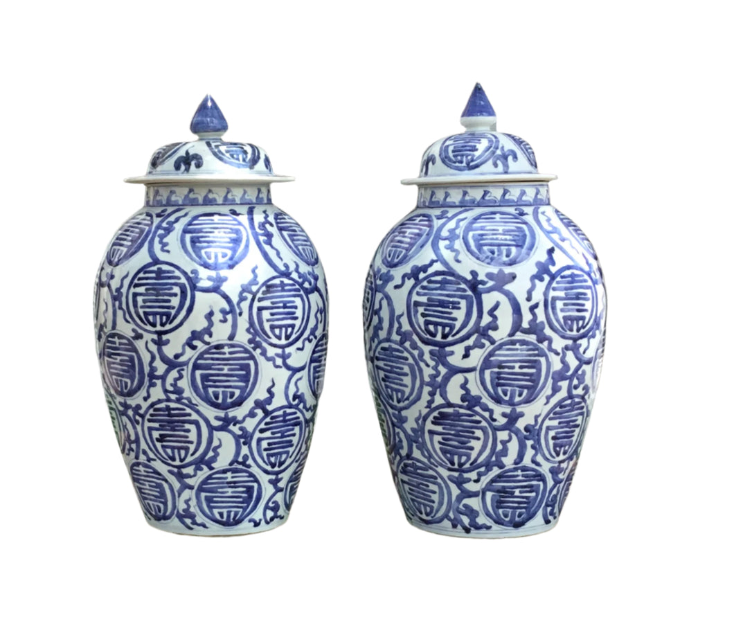 set of two  lidded blue and white ginger jars