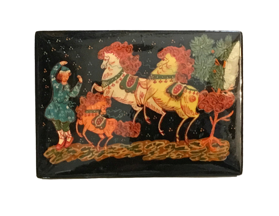 black lacqued box with painted horses