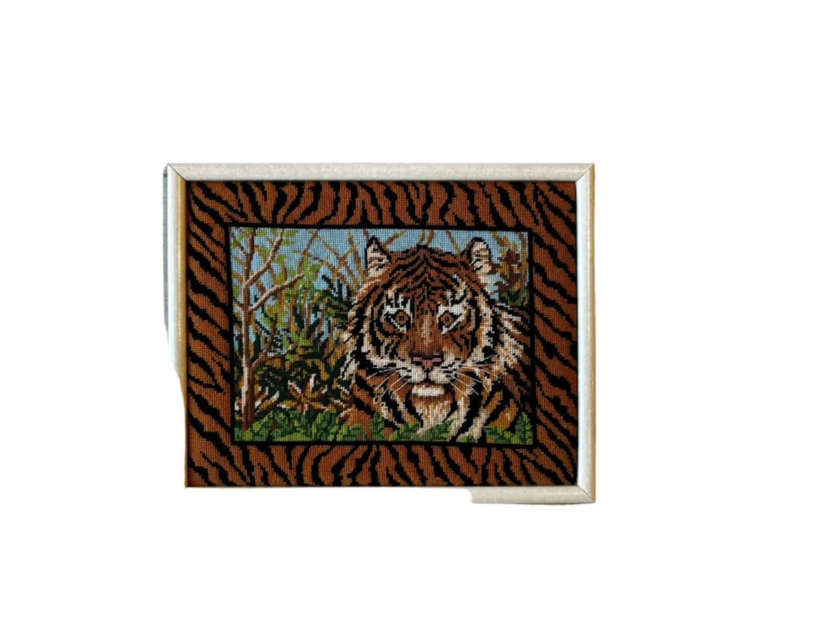 framed needle point tiger art