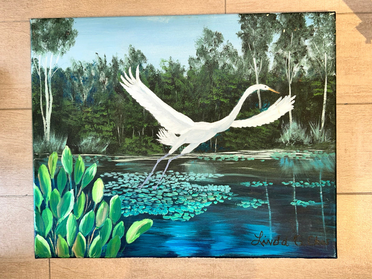 flying heron painting