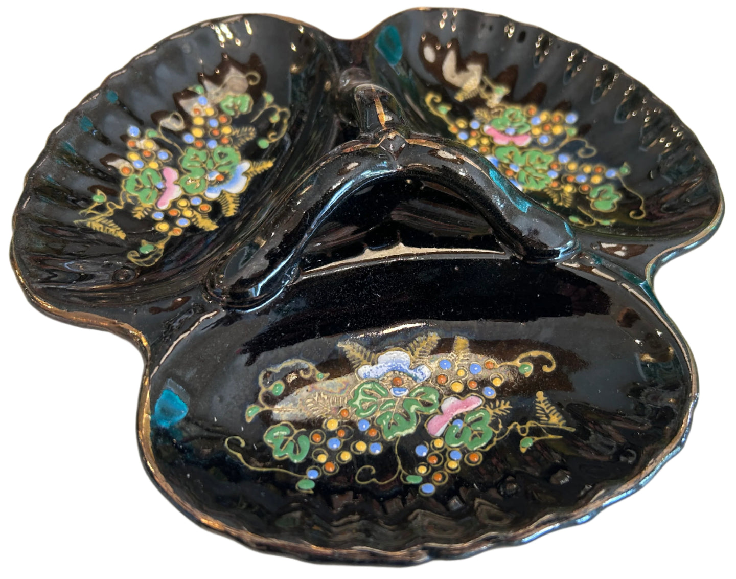 black dish with grape motif